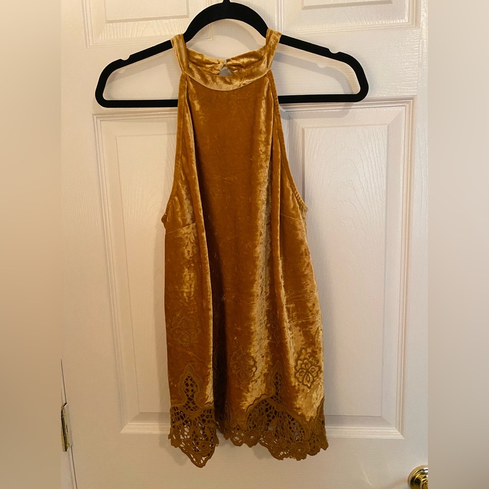 Altard State gold velvet embroidered halter top blouse M